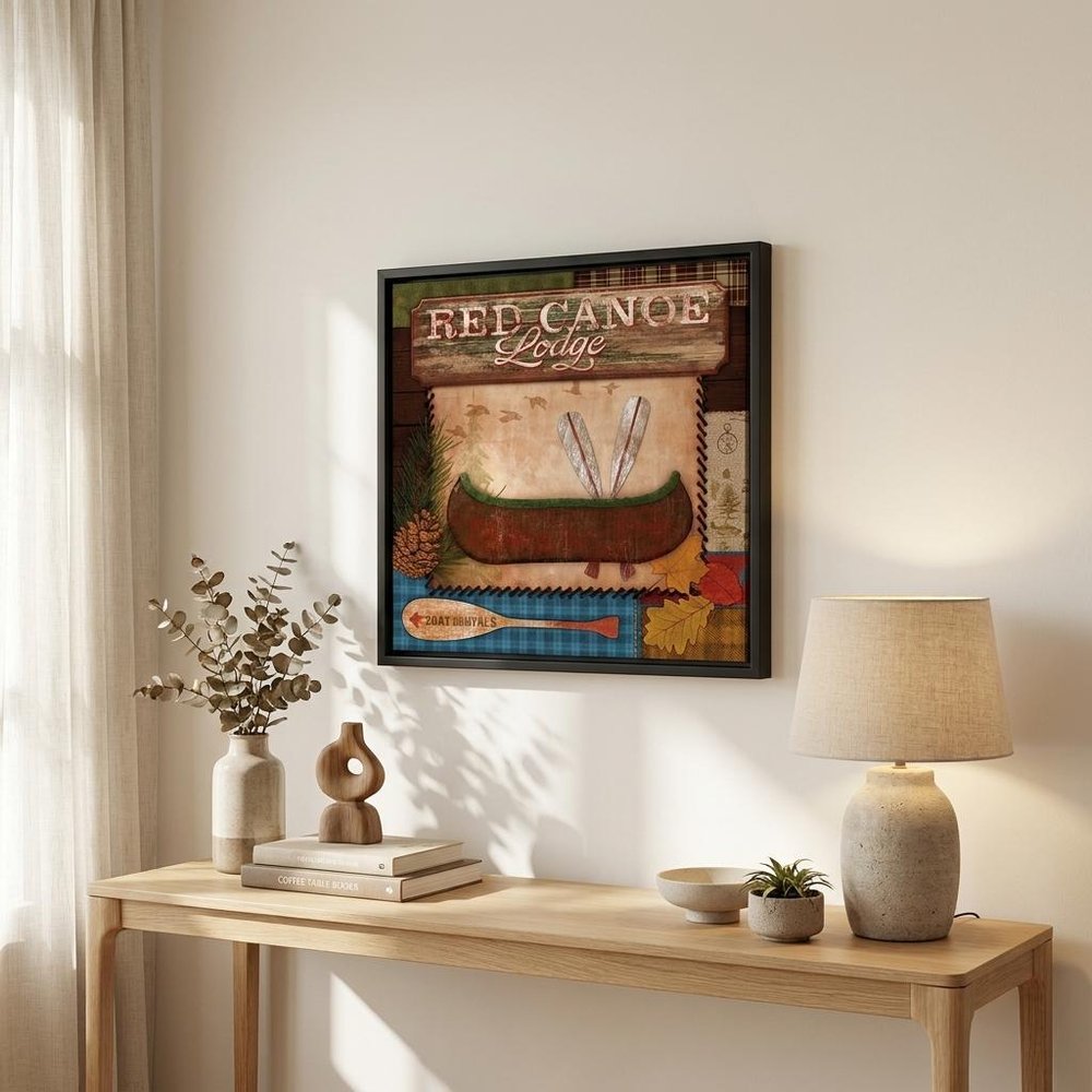 Red Canoe Lodge 2 Black Framed Print Wall Art