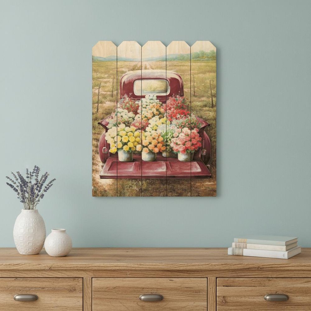 Pretty Red Truck Flowers for Sale Unframed Picket Fence Wall Art