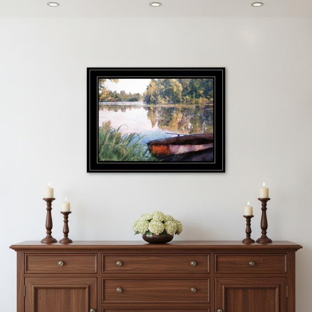 Rowboat Pond Landscape 3 Black Framed Print Wall Art