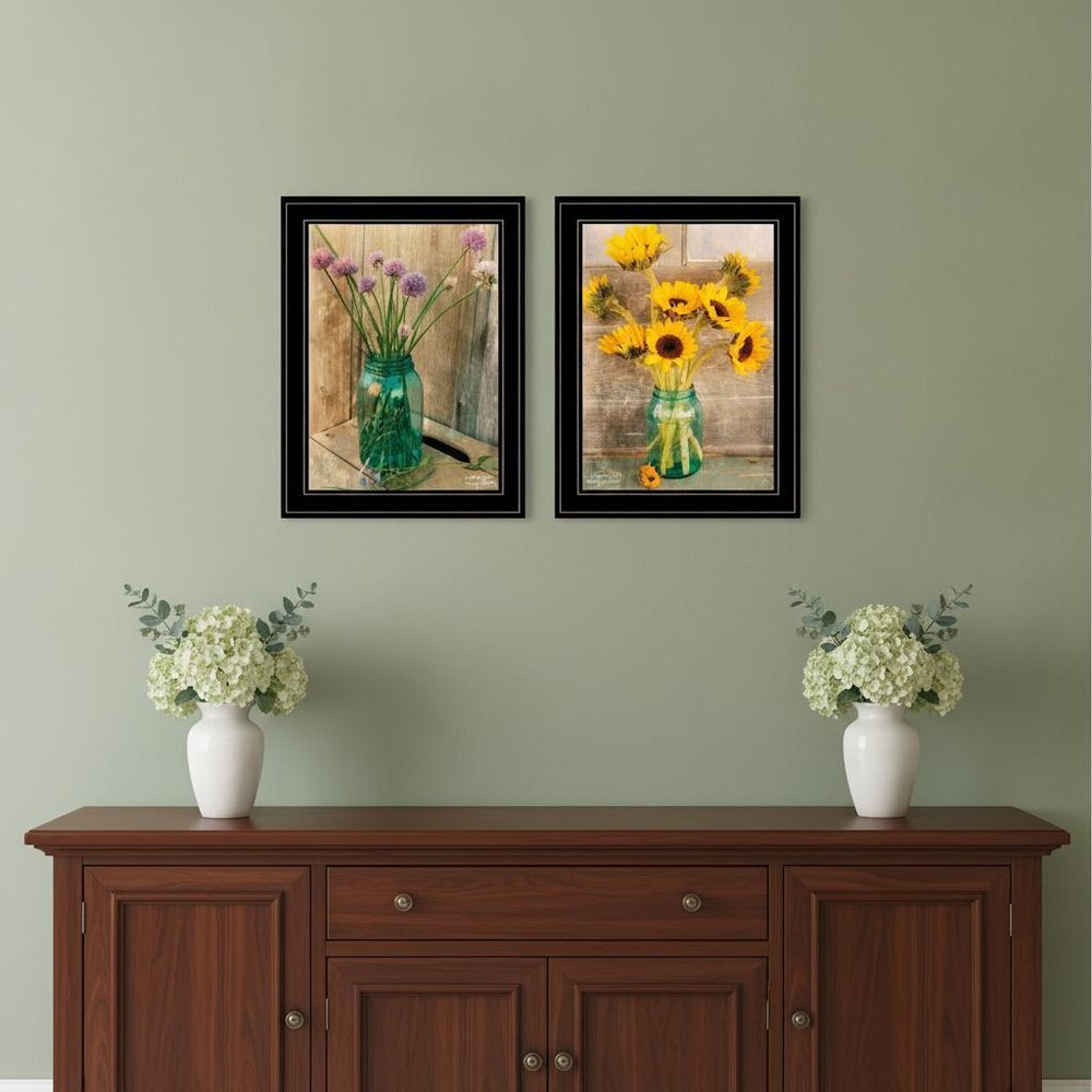 Set Of Two Country Sunflowers and Chives 2 Black Framed Print Wall Art