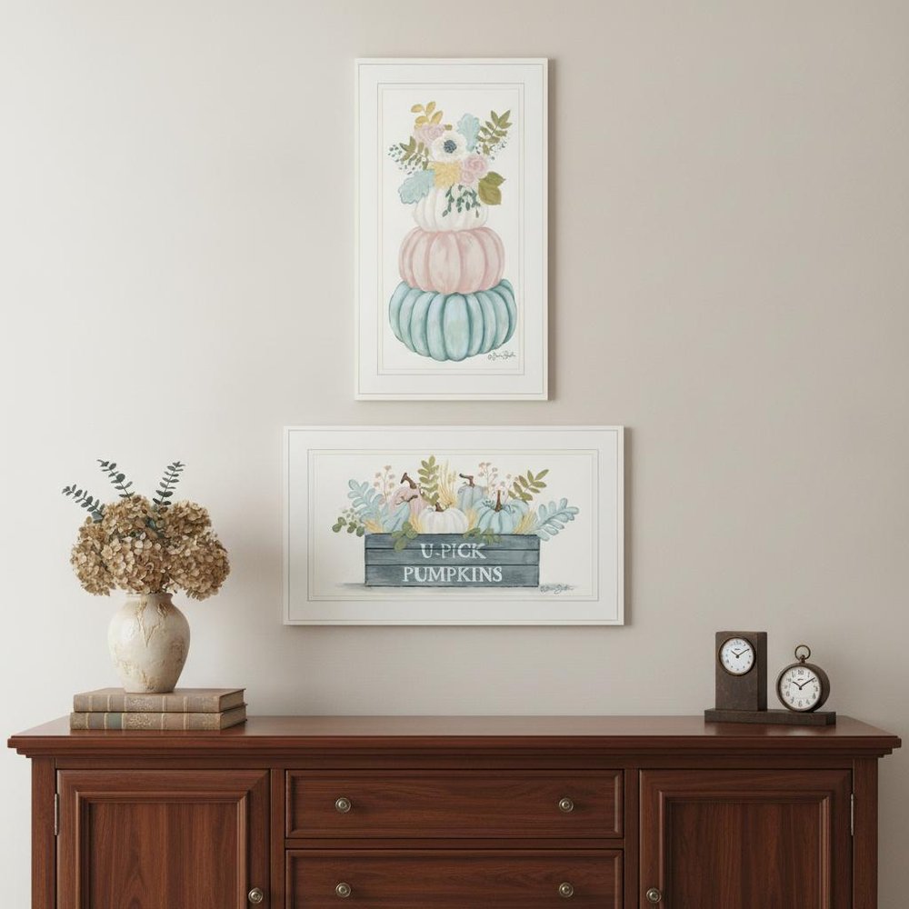 Set Of Two Floral Pumpkins 1 White Framed Print Wall Art