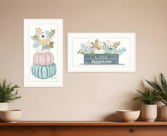 Set Of Two Floral Pumpkins 1 White Framed Print Wall Art