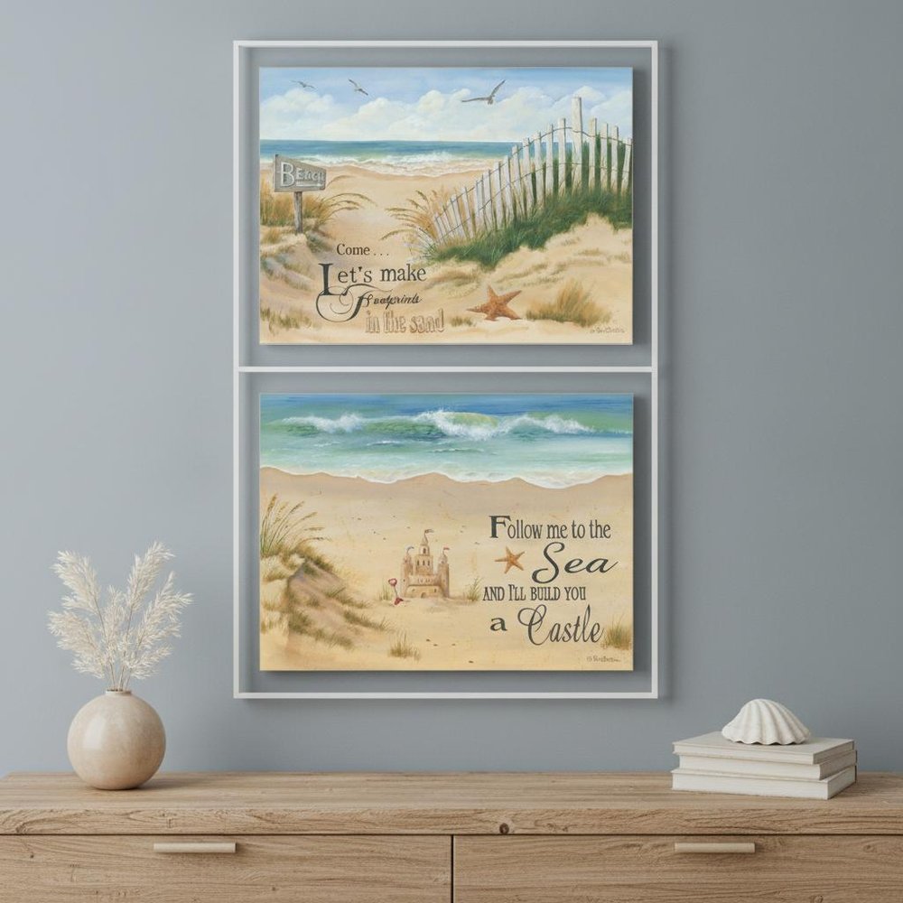 Set Of Two Sand Castle and Footprints 1 White Framed Print Wall Art