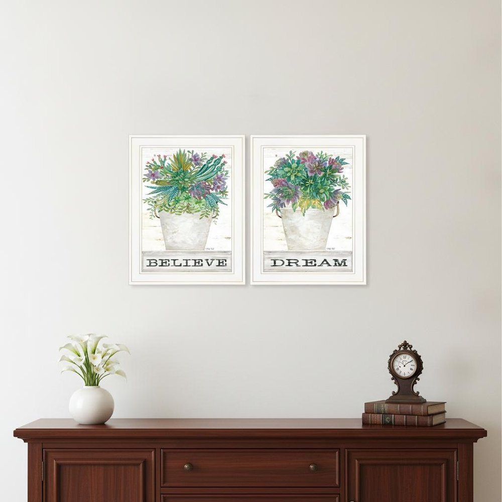 Set Of Two Succulents Dream and Believe White Framed Print Wall Art