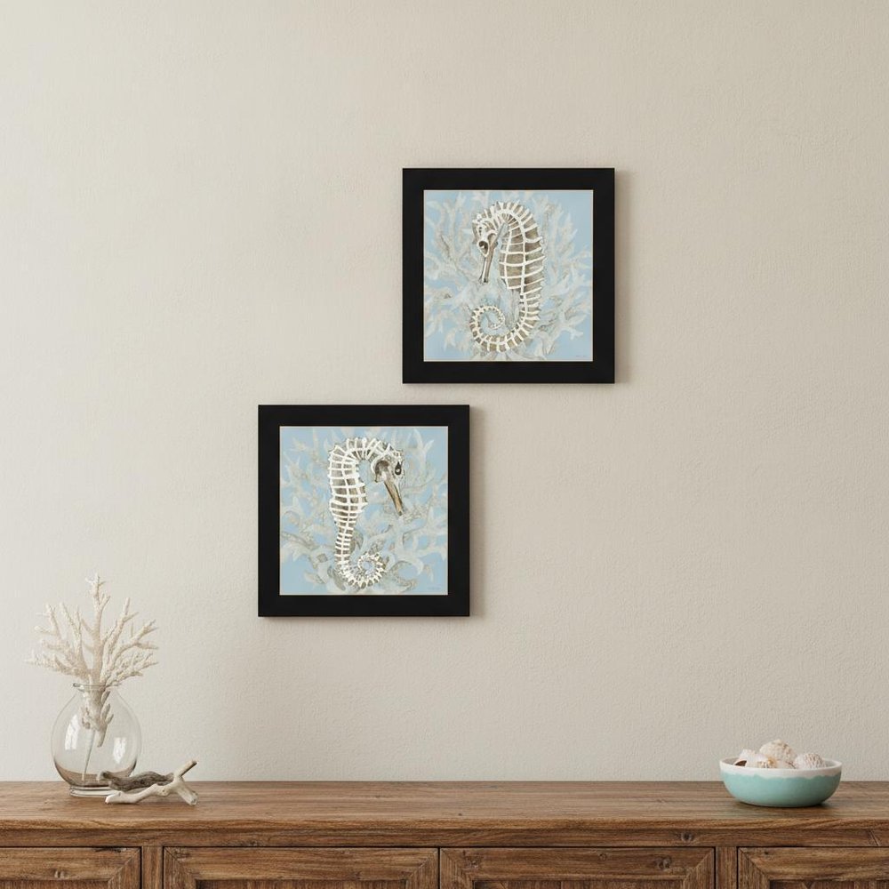 Set Of Two Coral Seahorse Black Framed Print Wall Art