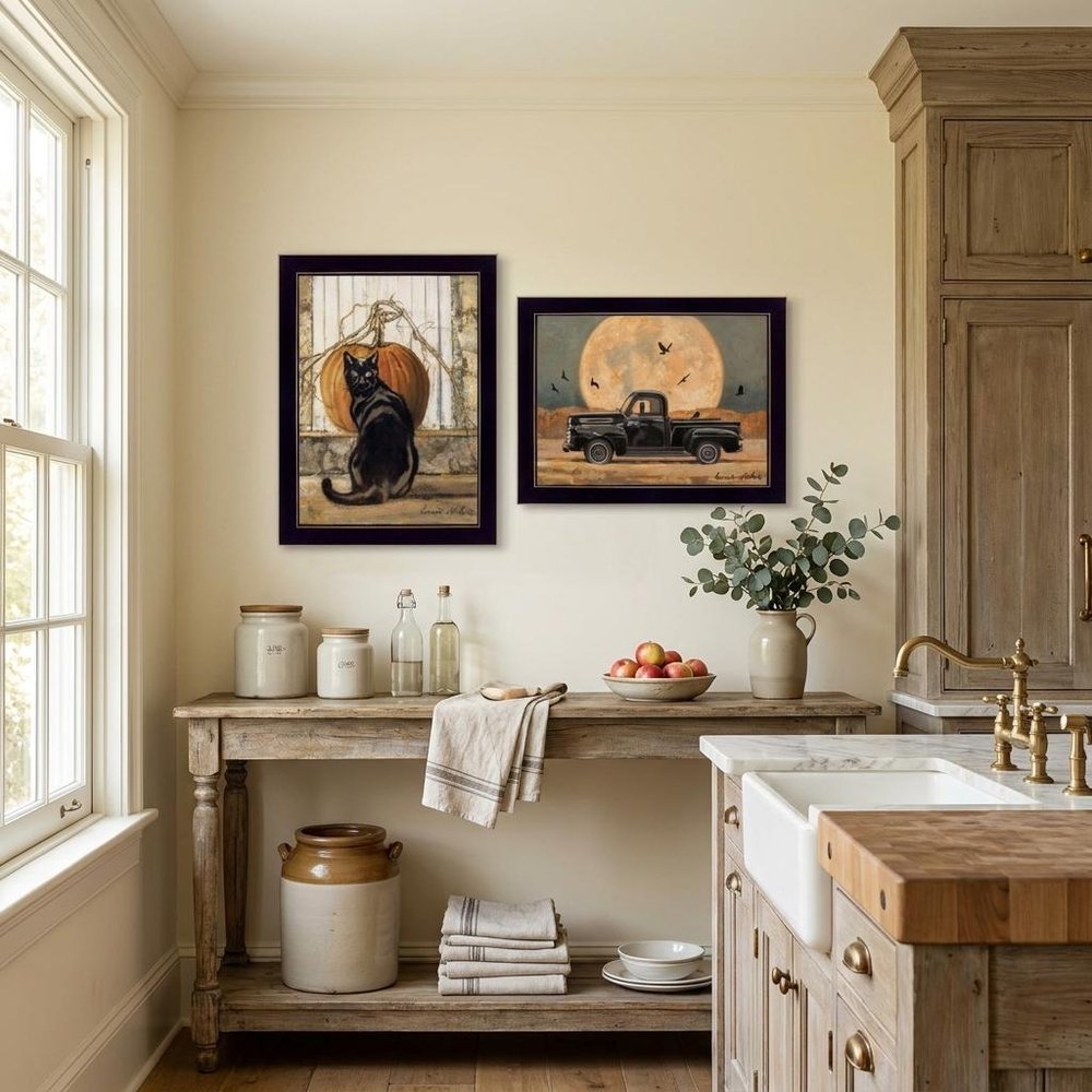 Set Of Two Harvest Moon with A Black Cat and Truck 2 Black Framed Print Kitchen Wall Art