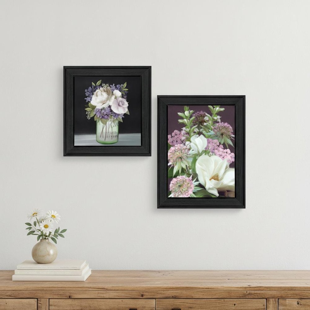 Set Of Two Lilac and Wild Plum Bouquet Black Framed Print Wall Art