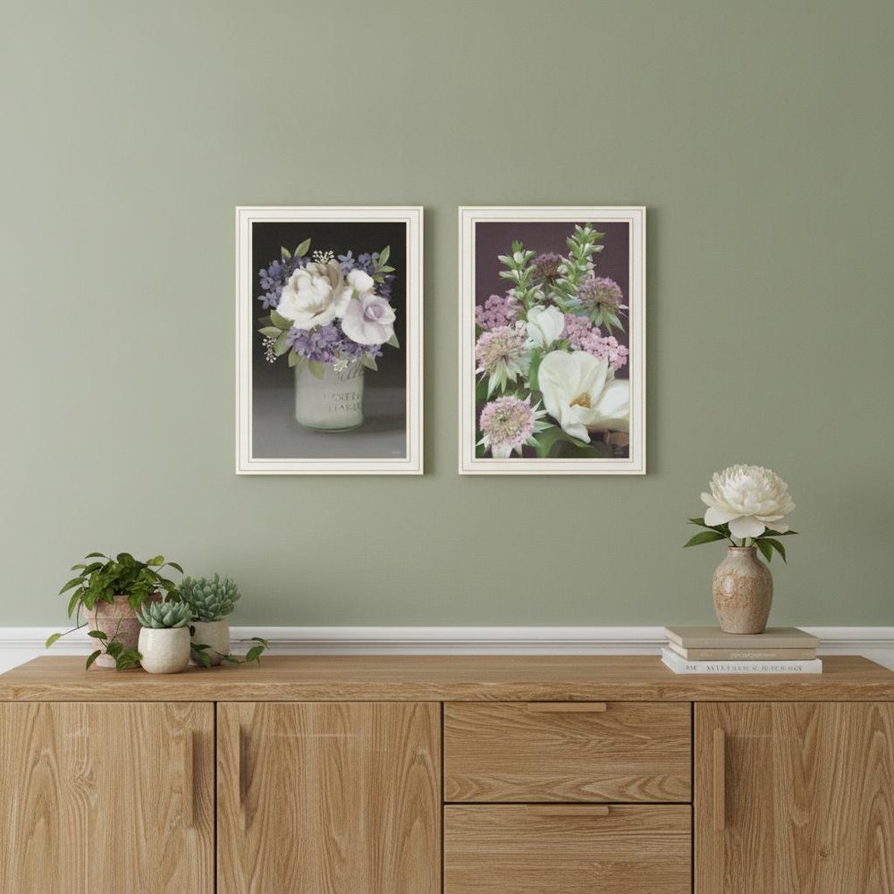 Set Of Two Lilac and Wild Plum Bouquet White Framed Print Wall Art