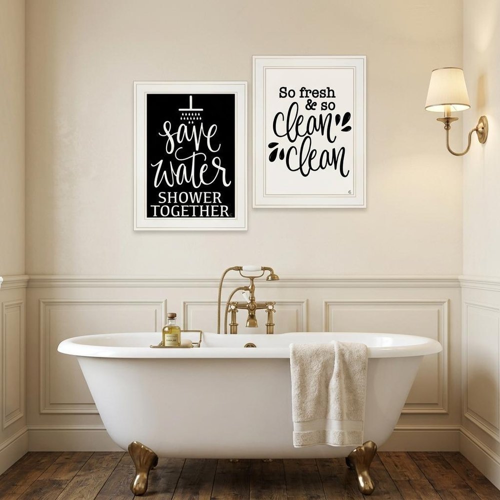 Set Of Two Clean or Shower Together White Framed Print Bathroom Wall Art
