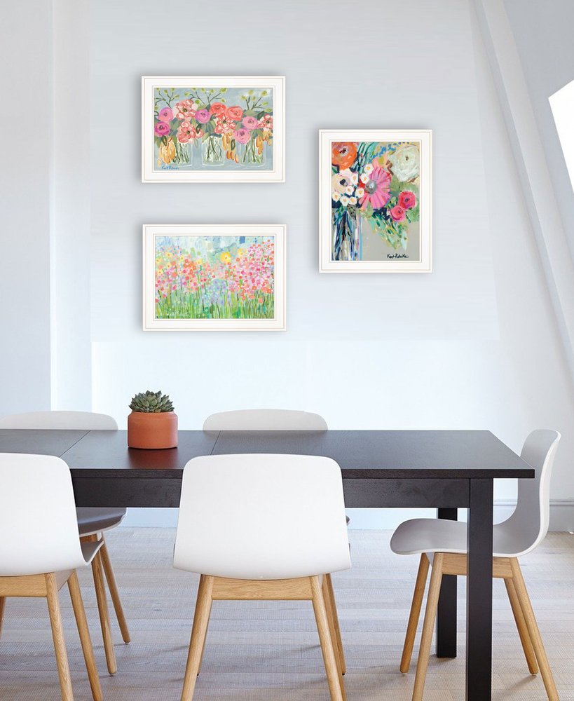 Set Of Three Garden Flowers White Grooved Frame Print Wall Art