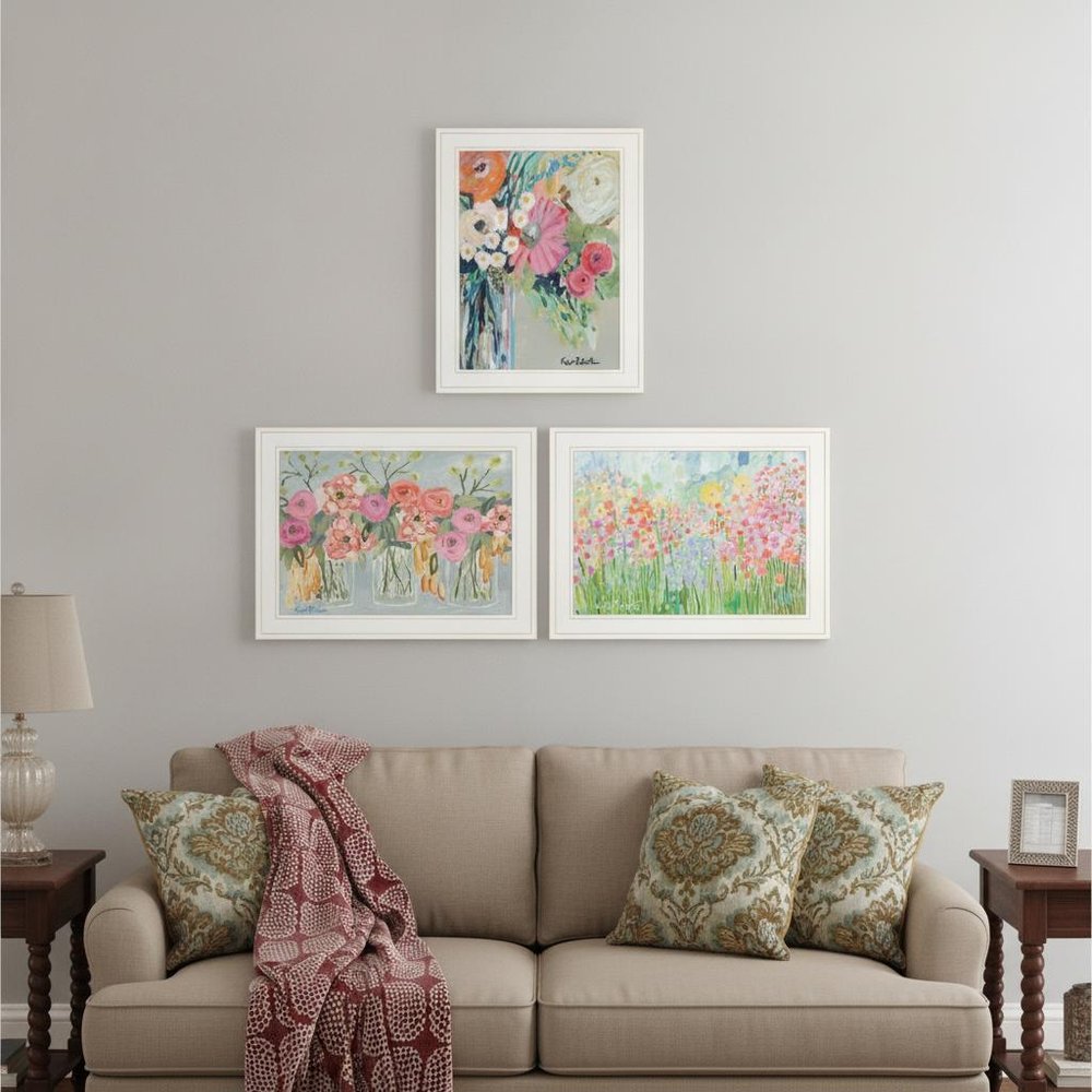Set Of Three Garden Flowers White Grooved Frame Print Wall Art