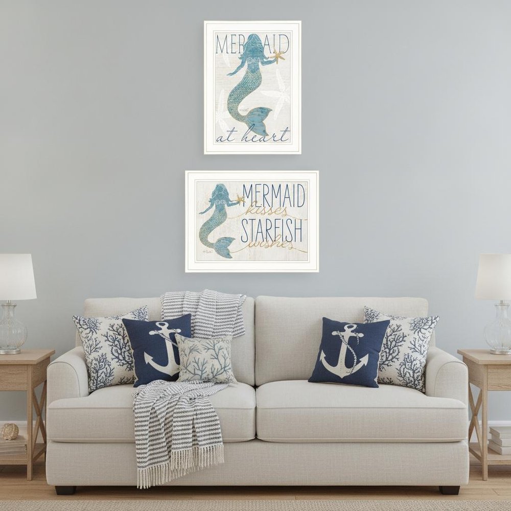 Set Of Two Two Mermaids 2 White Framed Print Wall Art