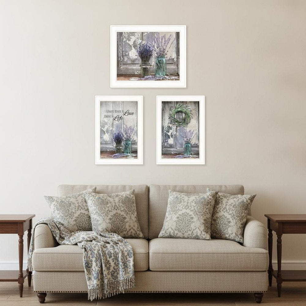 Set Of Three Love Life And Lavender White Framed Print Wall Art