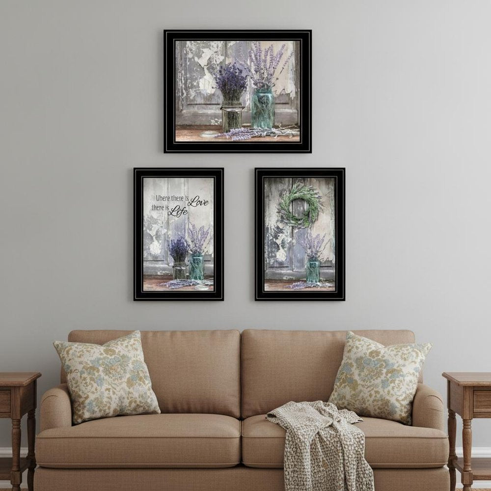 Set Of Three Love Life and Lavender Black Framed Print Wall Art