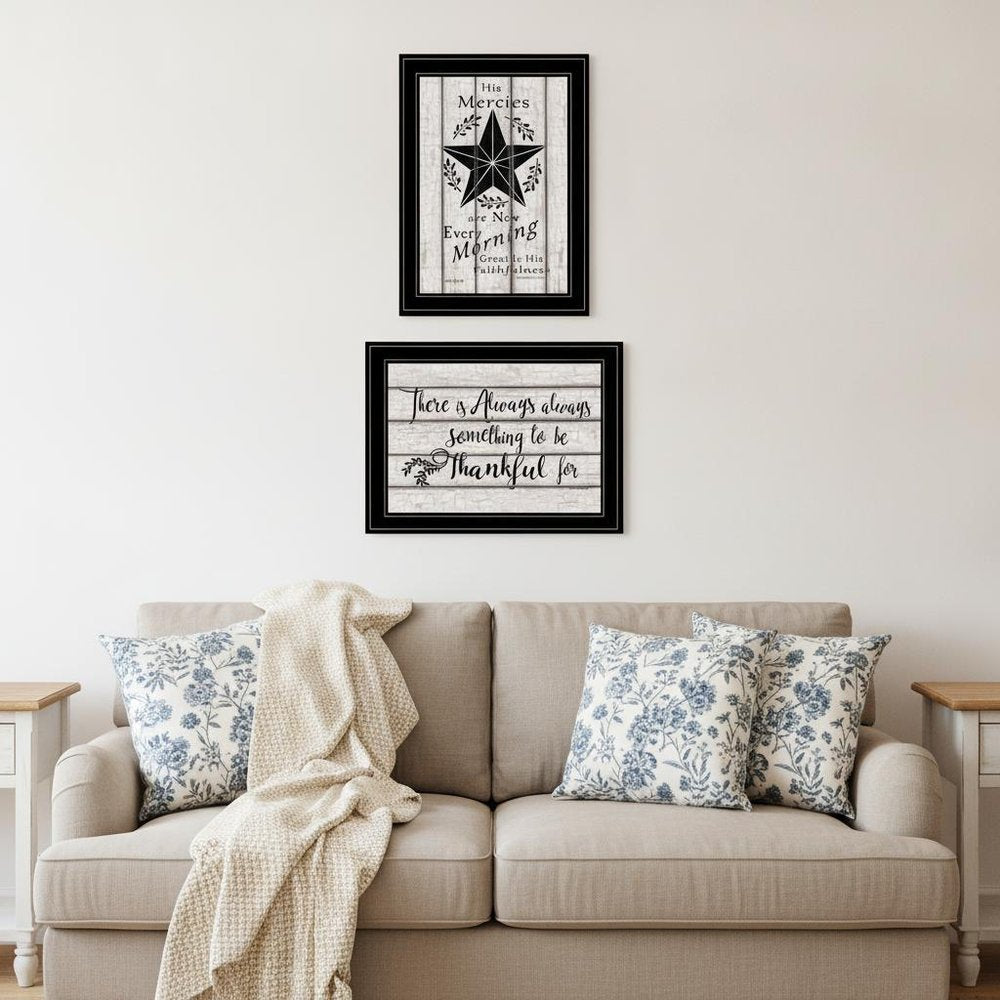 Set Of Two His Mercies and Thankful 2 Black Framed Print Wall Art