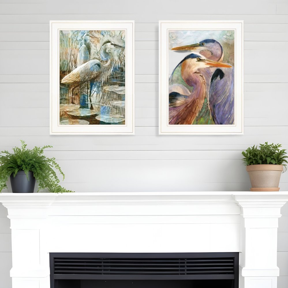 Set Of Two Blue Heron Duet White Framed Print Wall Art