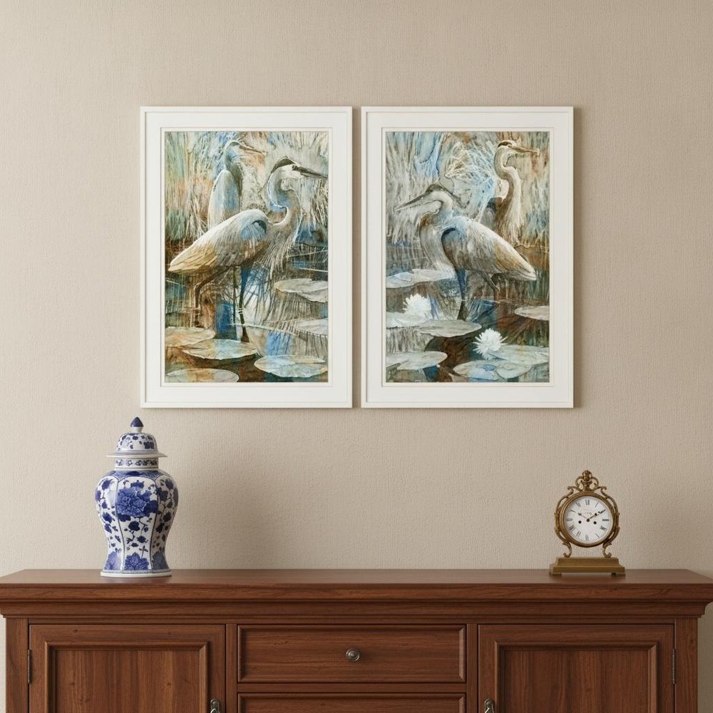Set Of Two Marsh Herons I and Sea II White Framed Print Wall Art