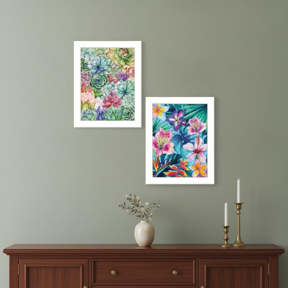 Set Of Two Succulents Paradise and Tropical Flowers White Framed Print Wall Art