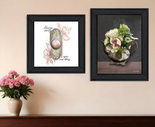 Set Of Two Vintage Floral Tea Pot and Door Knob Black Framed Print Kitchen Wall Art