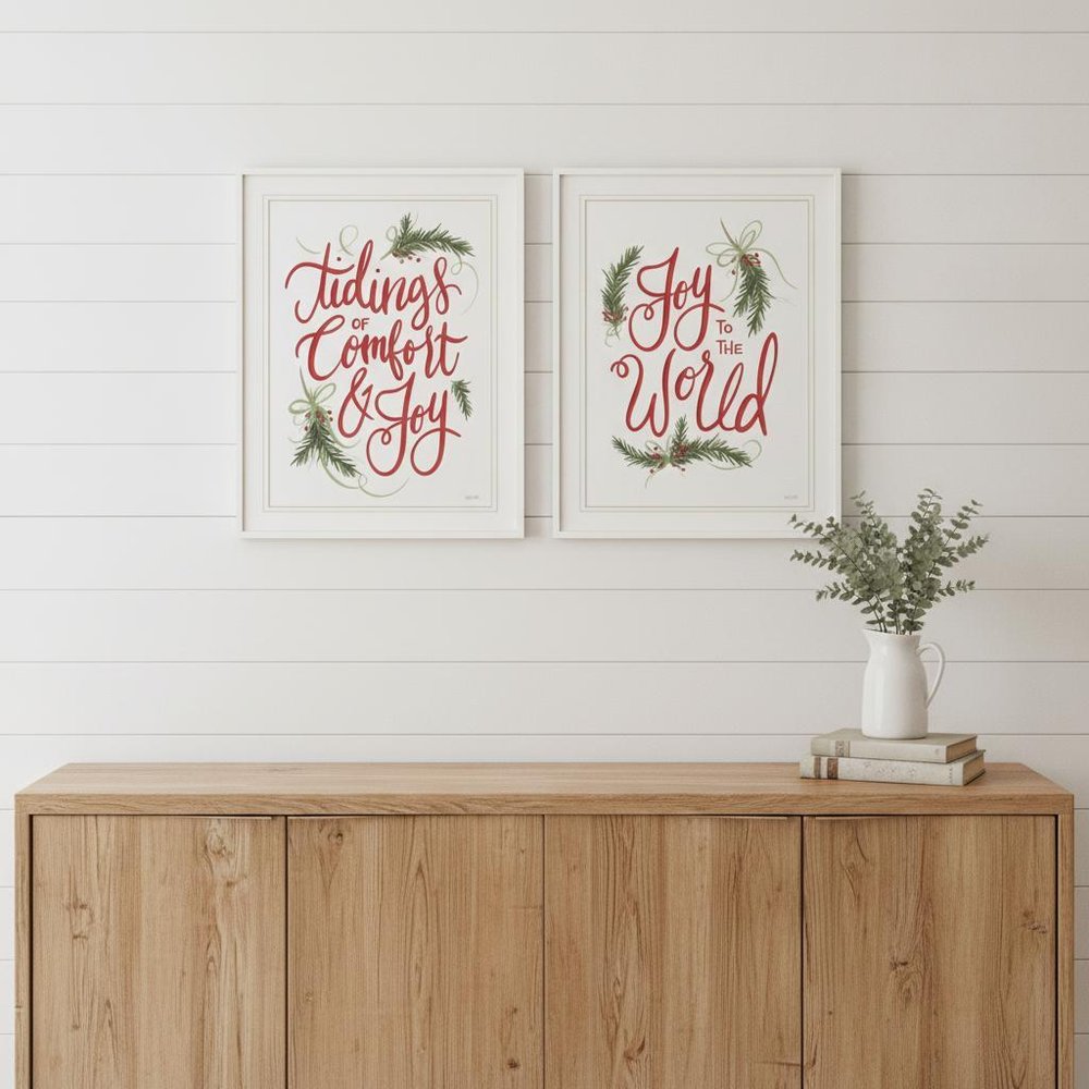 Set Of Two Good Tidings and Joy White Framed Print Wall Art