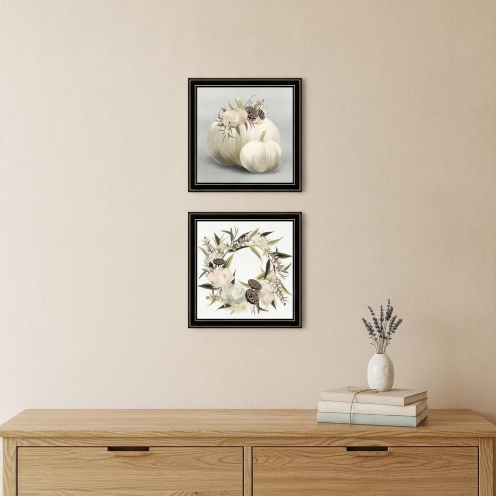 Set Of Two BOHO Pumpkins and Flowers 1 Black Framed Print Wall Art