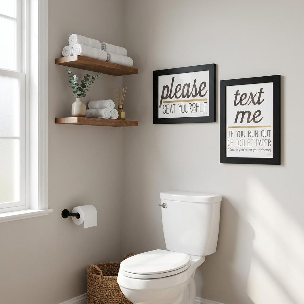Set Of Two Text Me If You Run Out of Toilet Paper While Seated Black Framed Print Wall Art