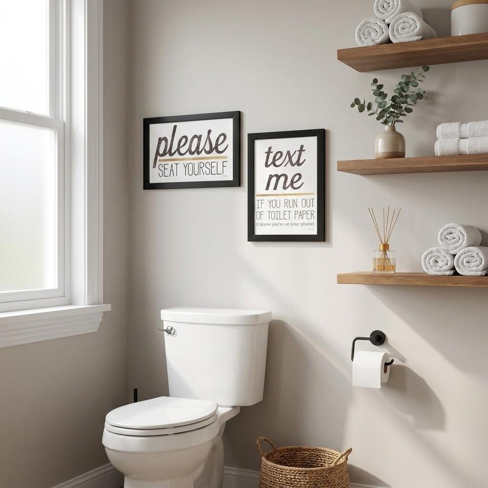 Set Of Two Text Me If You Run Out of Toilet Paper While Seated 1 White Framed Print Wall Art