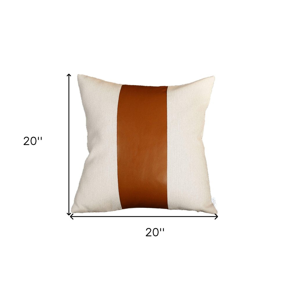 20" Brown And Ivory Faux Leather Throw Pillow Cover