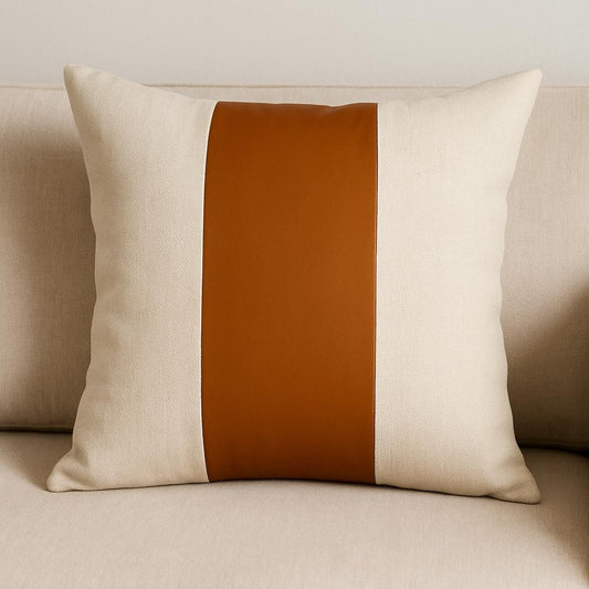 20" Brown And Ivory Faux Leather Throw Pillow Cover