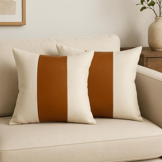 Set of Two 20" Brown And Ivory Faux Leather Throw Pillow Covers