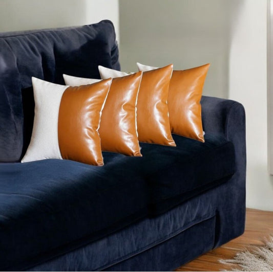 Vegan Faux Leather Detailed Throw Pillow Set of 4