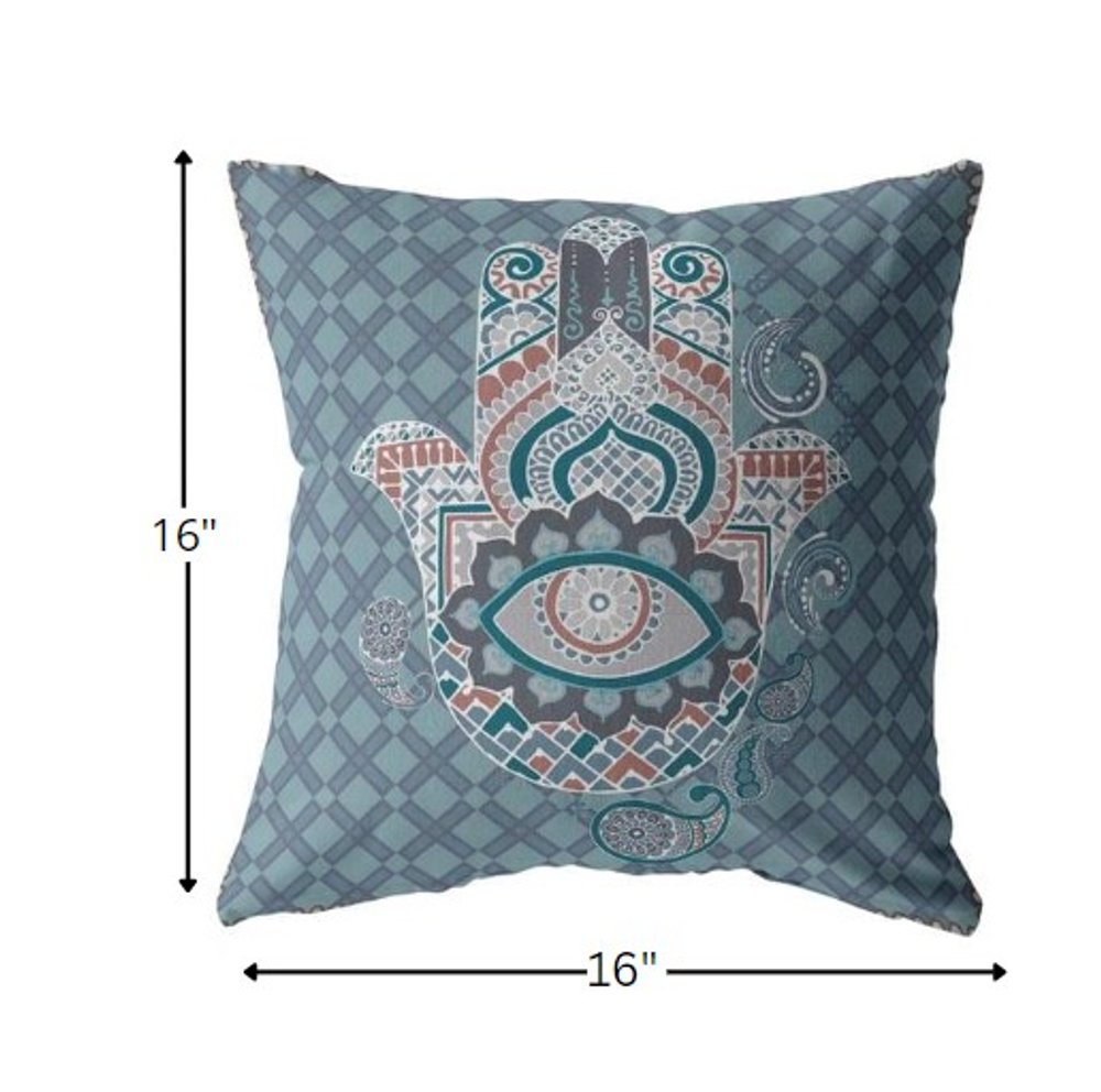 16” Slate Blue Hamsa Suede Zippered Throw Pillow