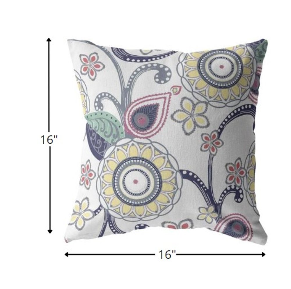 16” White Yellow Floral Suede Zippered Throw Pillow