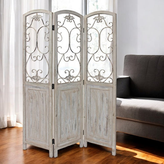 Romantic Whitewashed Scroll Three Panel Room Divider Screen