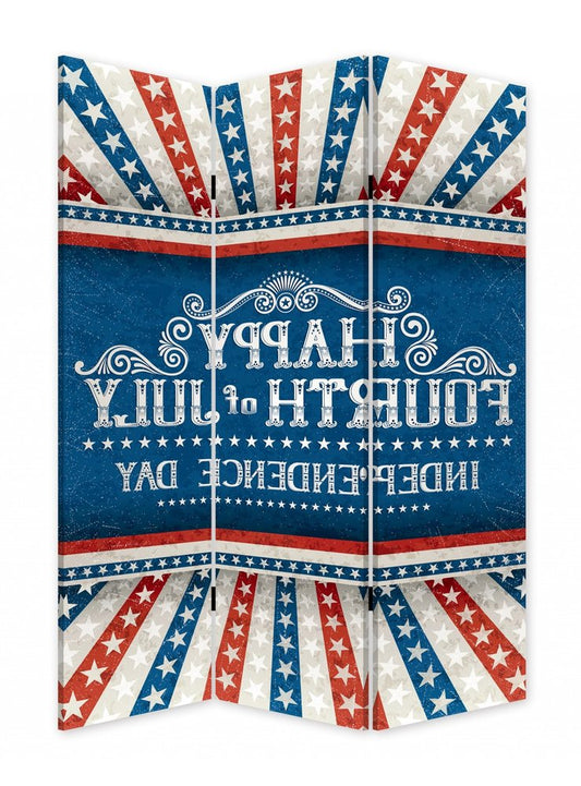 72" Blue And White Folding Three Panel Screen Room Divider