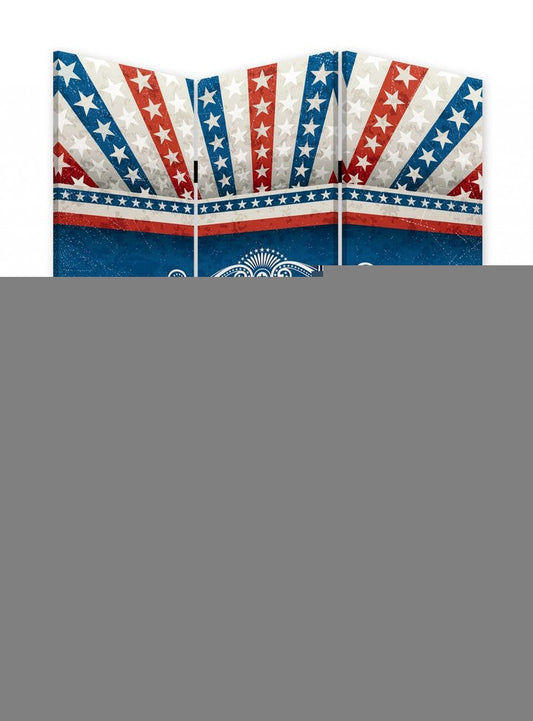 72" Blue And White Folding Three Panel Screen Room Divider