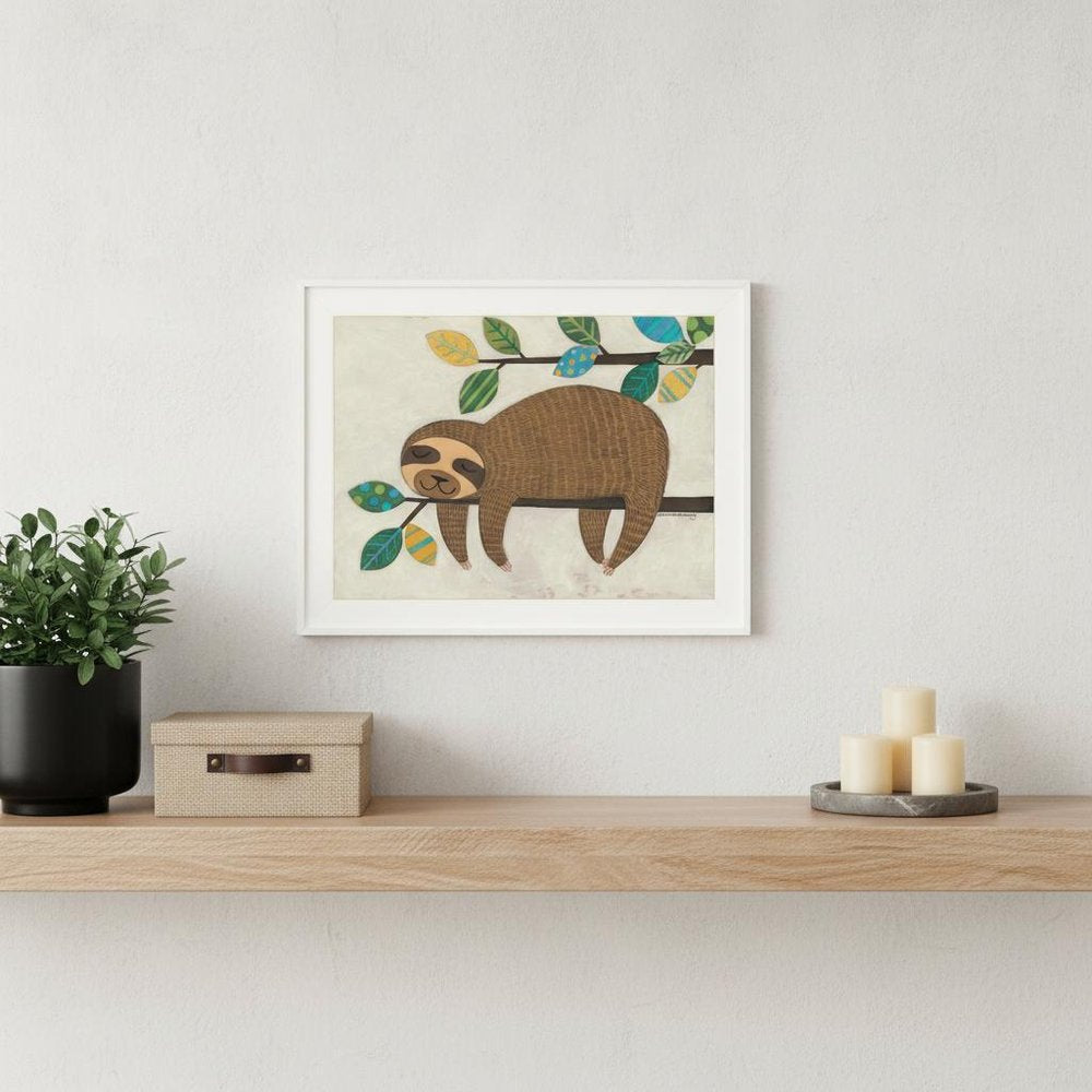 Hanging Sloth II 2 White Framed Print Wall Art