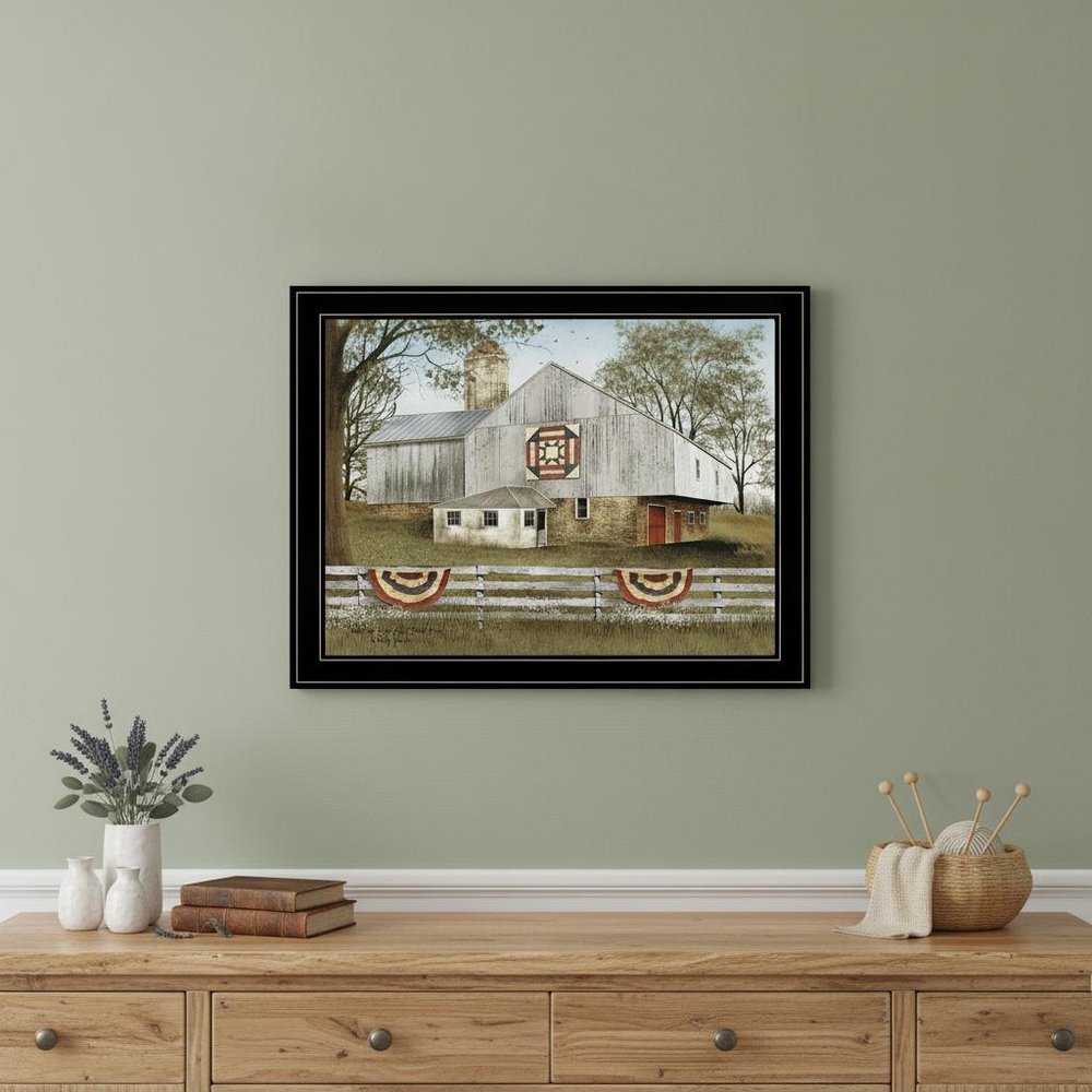 American Star Quilt Block Barn 4 Black Framed Print Wall Art