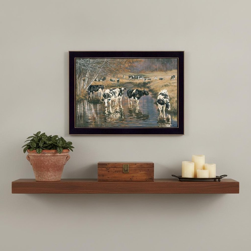 Fall Reflections Holsteins in River Black Framed Print Wall Art