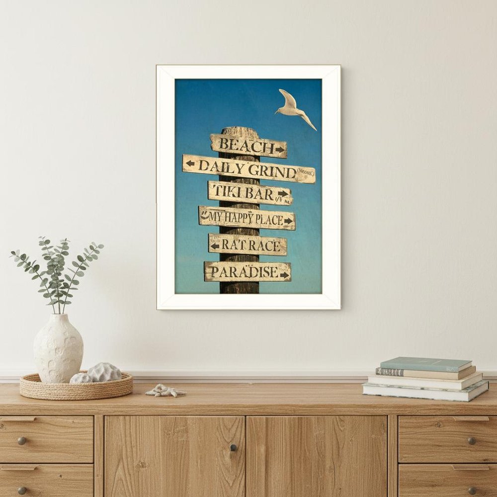 Beach Directional 3 White Framed Print Wall Art
