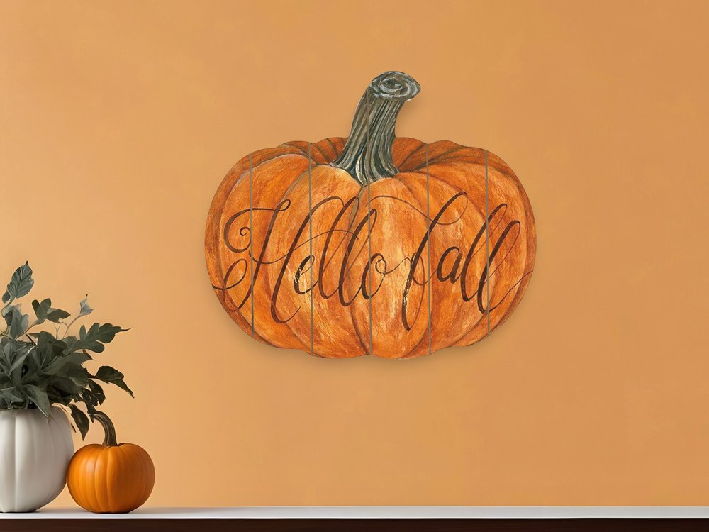 15" X 17" Orange And Brown Pumpkin Hello Fall Hanging Dimensional Sculpture
