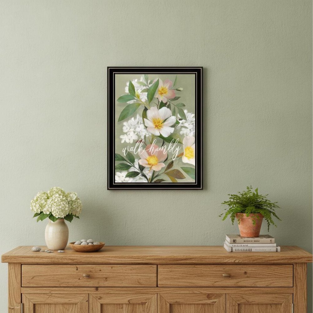 Walk Humbly Floral 1 Black Framed Print Wall Art
