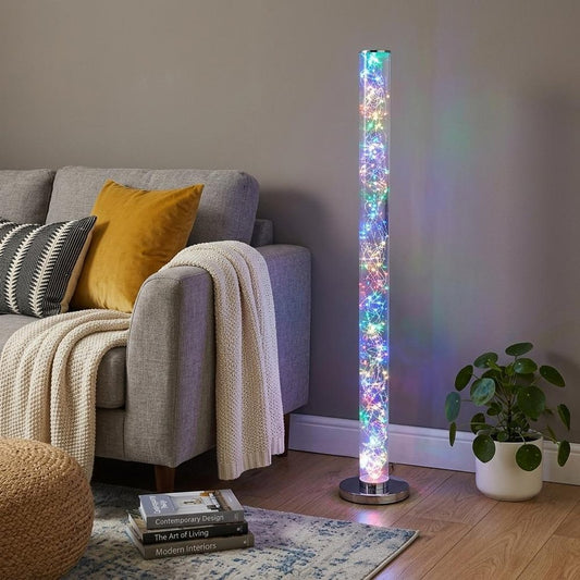 49" Silver LED Column Floor Lamp With Clear Acrylic Drum Shade