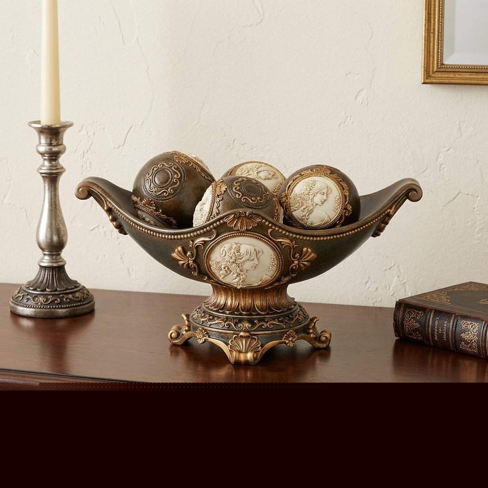 8" Bronze Polyresin Classical Greek Decorative Bowl With Orbs