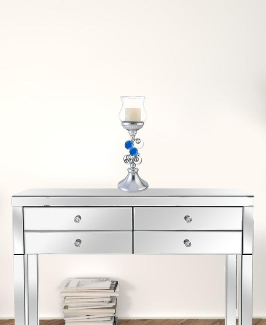 18" Silver and Blue Faux Crystal Bling Hurricane Candle Holder