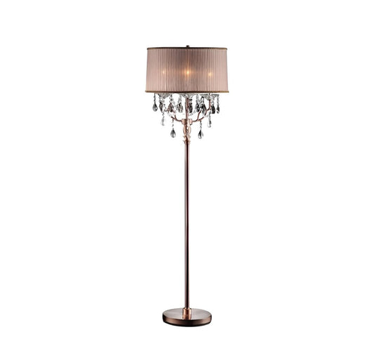 62" Silver Three Light Candelabra Floor Lamp With Pink Fabric Drum Shade