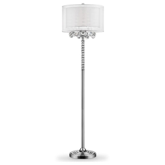 63" Silver Three Light Candelabra Floor Lamp With White Fabric Drum Shade