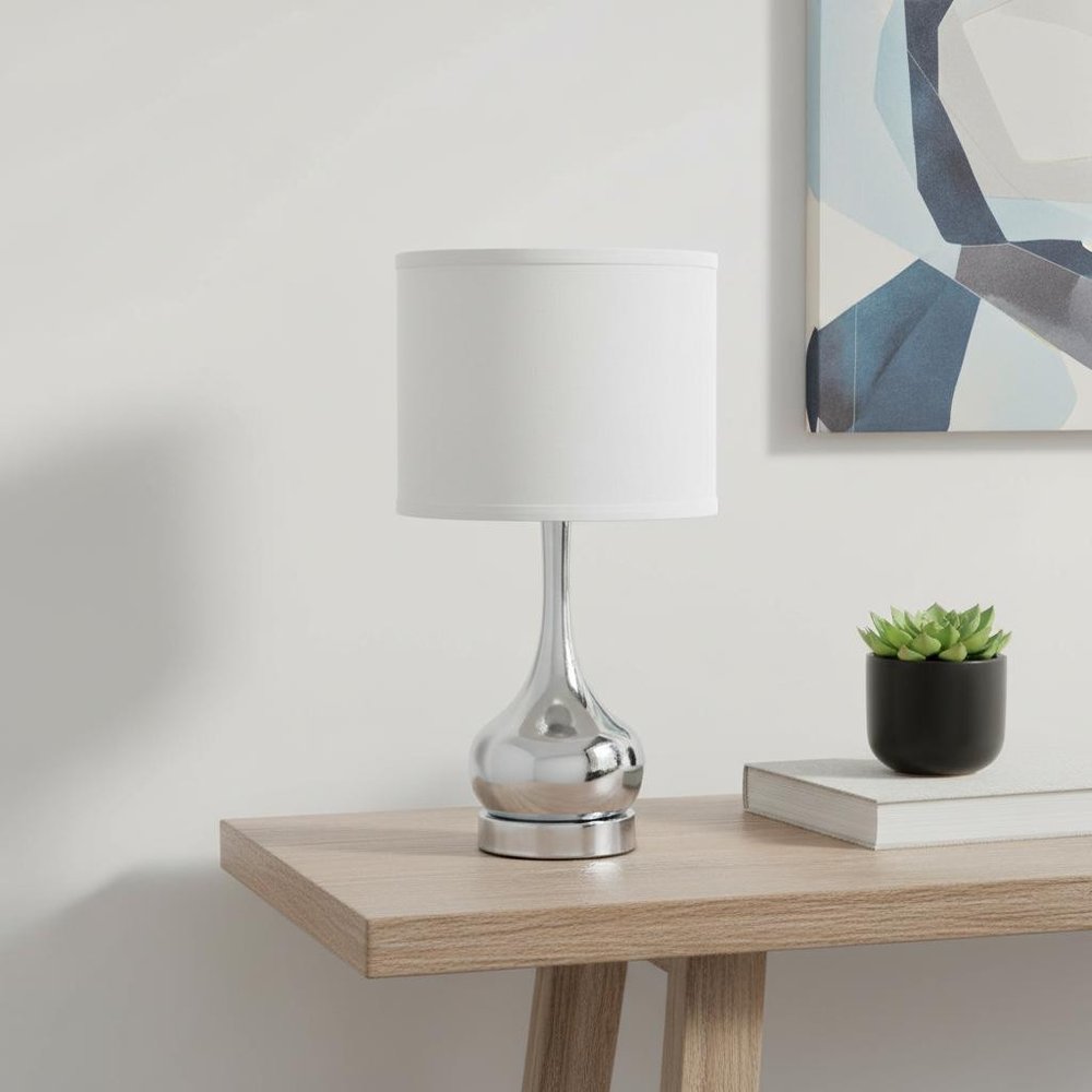 19" Silver Bedside Table Lamp With White Drum Shade