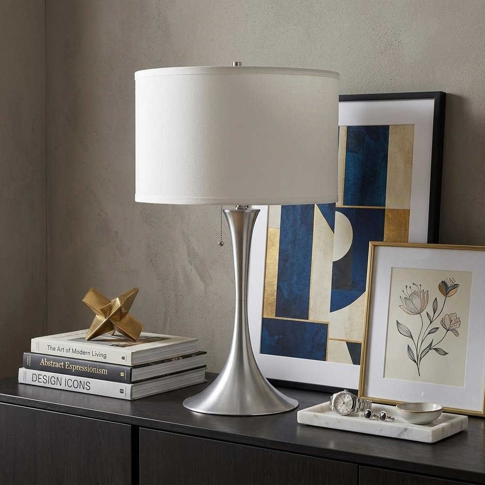 28" Silver Metal Bedside Table Lamp With White Shade