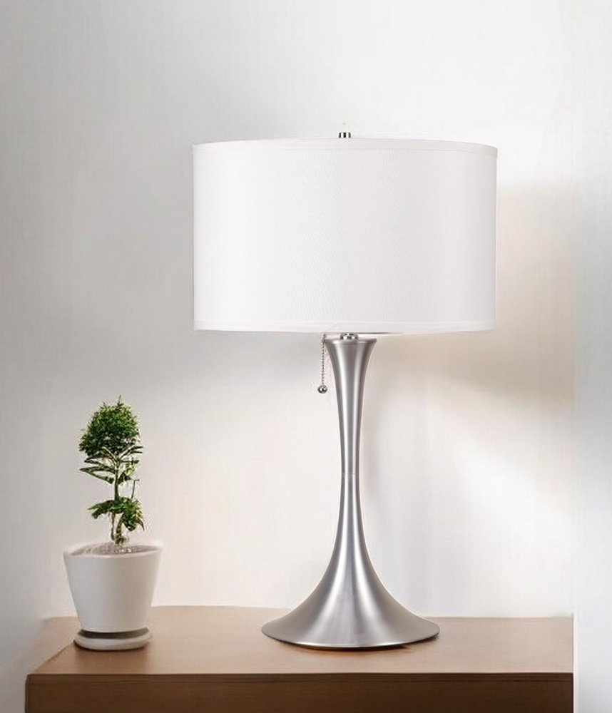 28" Silver Metal Bedside Table Lamp With White Shade